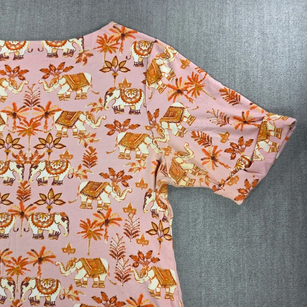 Karen Scott T-Shirt Women 2X Pink Elephant Palm Tree Print Cuffed Short Sleeve